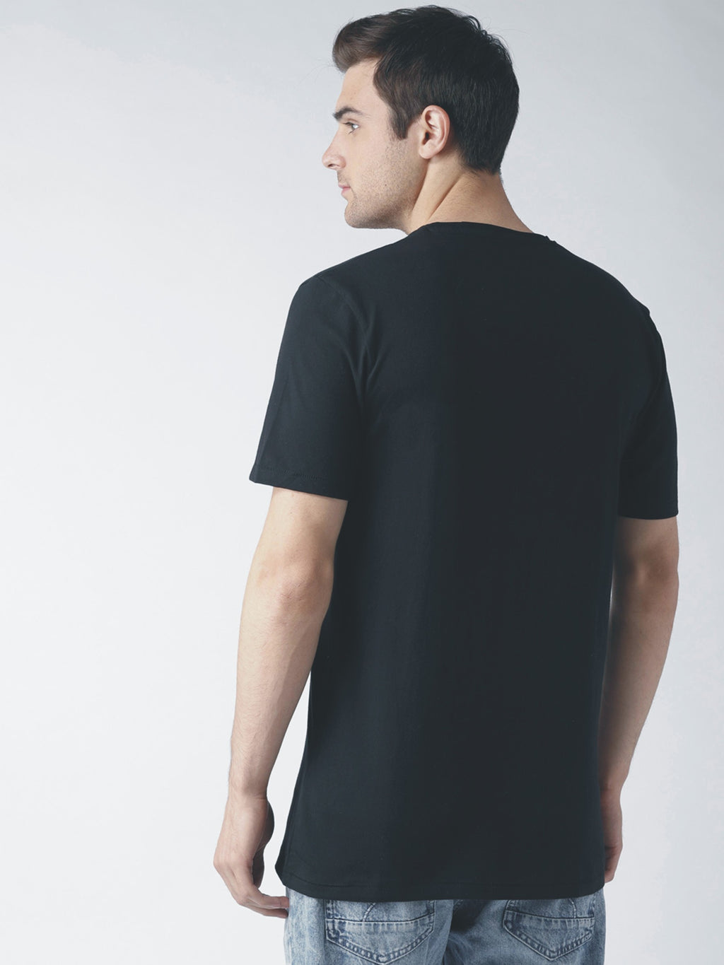 Men Black Bio Wash Combed 100% Cotton Round Neck T-Shirt